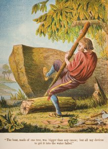 "Yhdestä puusta tehty vene oli suurempi kuin mikään kanootti; mutta kaikki laitteeni, joilla sain sen veteen, epäonnistuivat.", kuva Daniel Defoen (1660-1731) teoksesta "Robinson Crusoe" n. 1860-luku (chromolitho) tekijältä English School